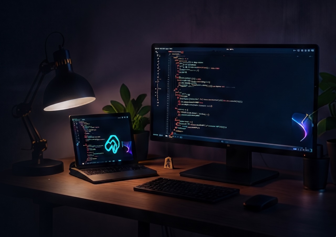 Atmospheric studio scene — a monitor glowing teal on a dark desk, where NDLab's work happens